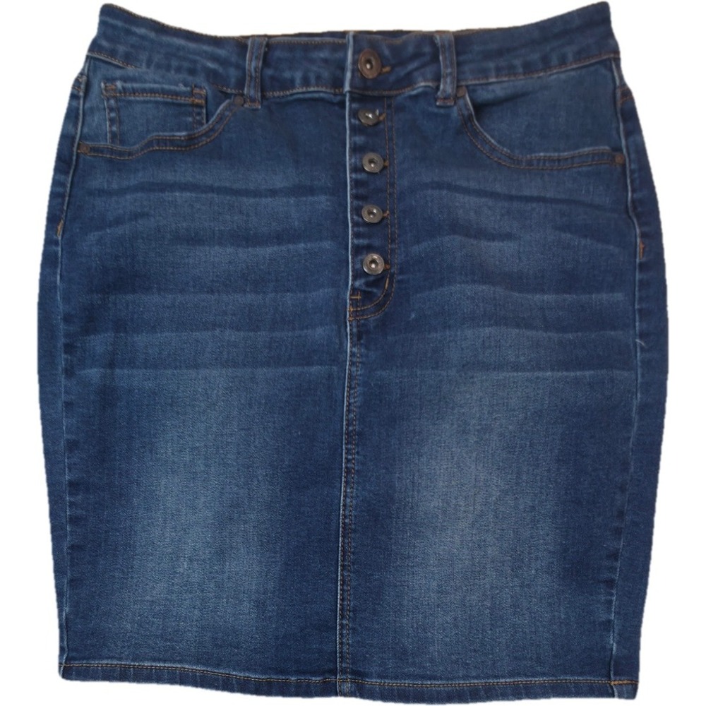 Wax Jean Denim Skirt Women Size L Blue Button Fly Mini